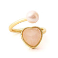Anello Regolabile Cuore in Quarzo Rosa e Perla