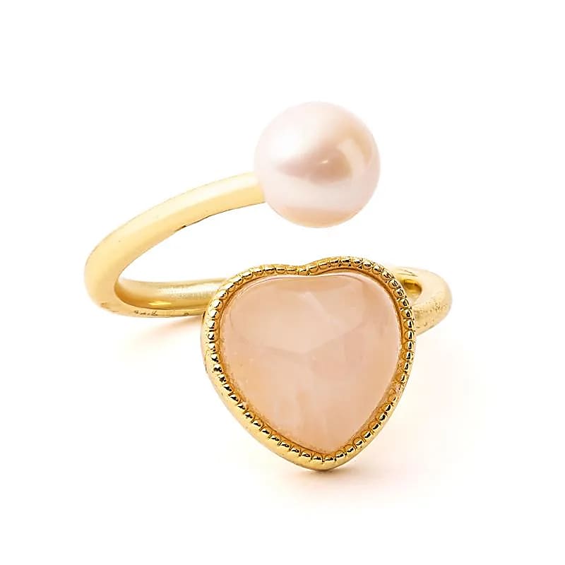 Anello Regolabile Cuore in Quarzo Rosa e Perla