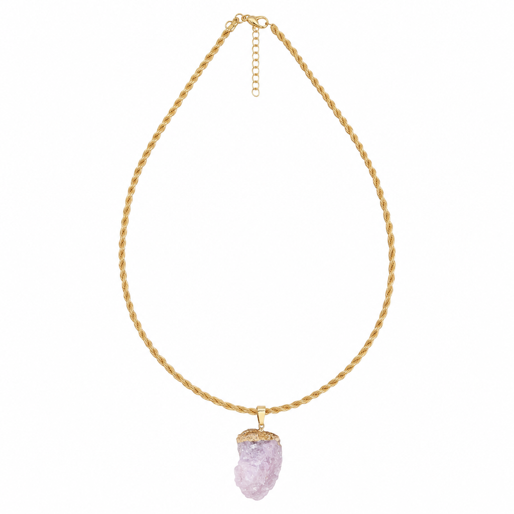 Collana Artemide – Quarzo Rosa Grezzo in Capim Dourado