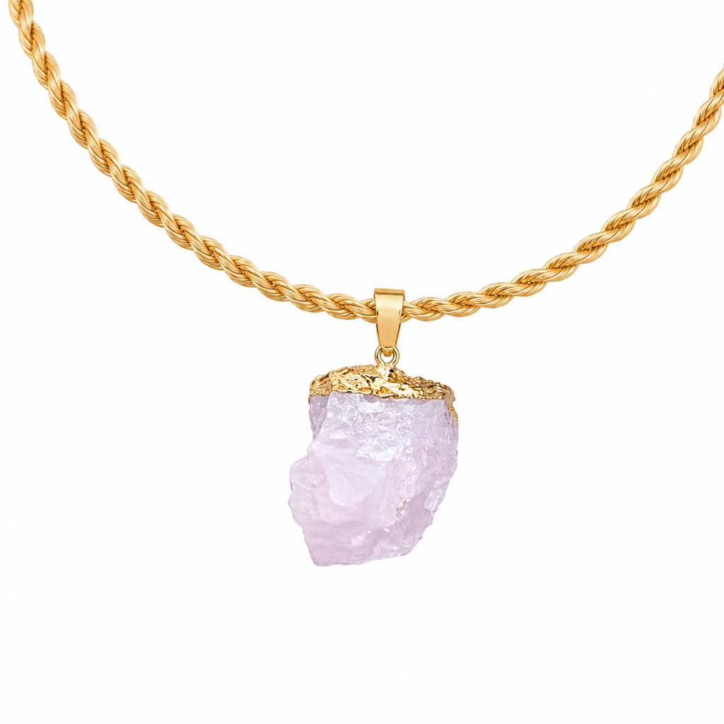 Collana Artemide – Quarzo Rosa Grezzo in Capim Dourado